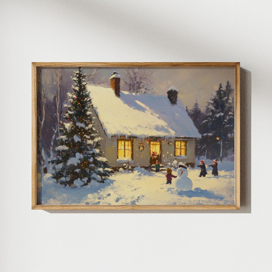 Snowy Cottage at Night with Lit Windows and Snowman Painting Poster - Image 4