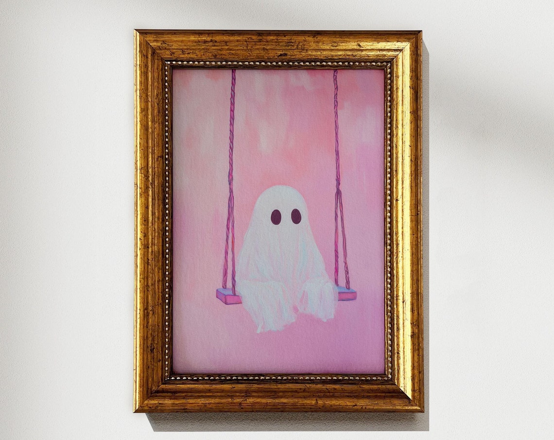 Cute Ghost Sitting on a Pink Swing Against a Pink Sky Painting Poster