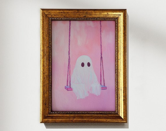 Ghost On The Swing Poster Cute Halloween Wall Art Cute Ghost Painting Print Pink Wall Decor