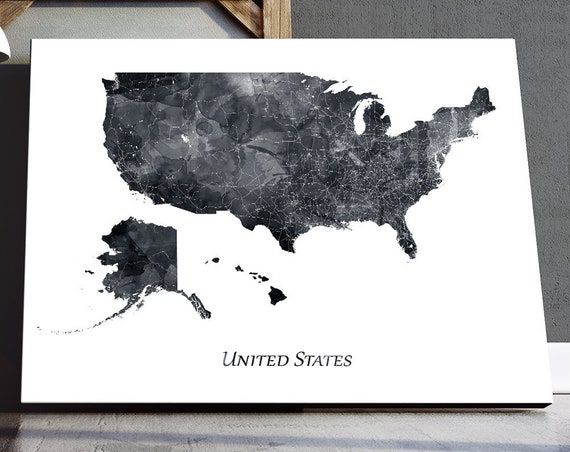 United States Map Print Watercolor Usa Poster Wall Art Grey Black White Home Decor Travel