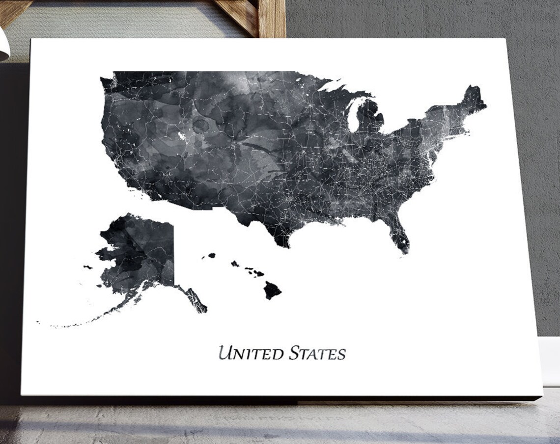 United States Black And Grey Watercolor Map Minimal Travel Poster