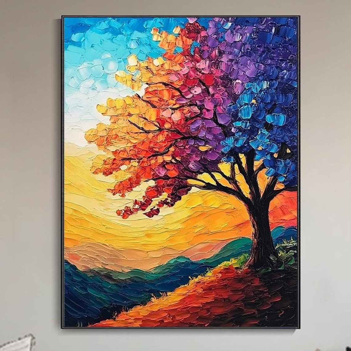 Rainbow Color Tree Sunset Hill Multicolor Foliage Impasto Wall Art - Image 5