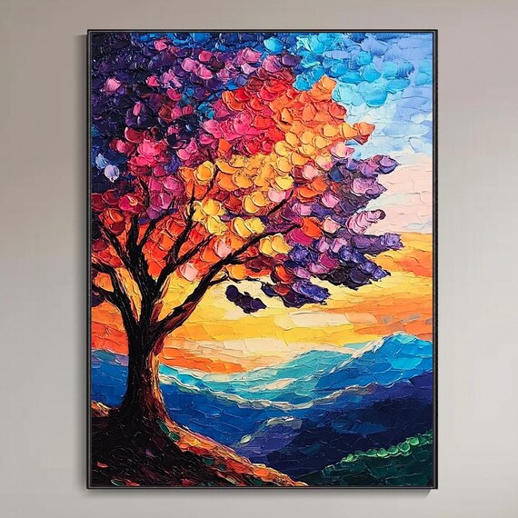 Three Dimensional Thick Texture Sunset Oil Painting Original Tree Landscape Wall Art Palette Knife Painting Living Room Decor Art