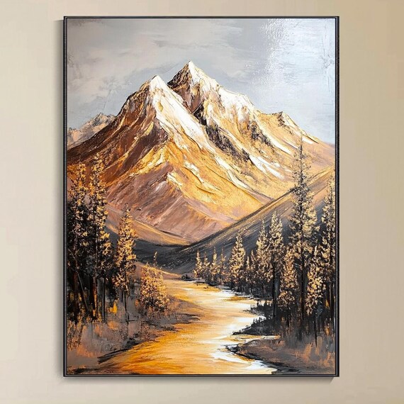 Original 3d Thick Texture Knife Art Gold Mountain Landscape Custom Art Living Room Decor Hill River Painting Gypsum Style Modern Art