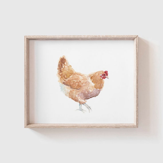 Yellow Chicken Watercolor Art Print, Farmhouse Kitchen Decor