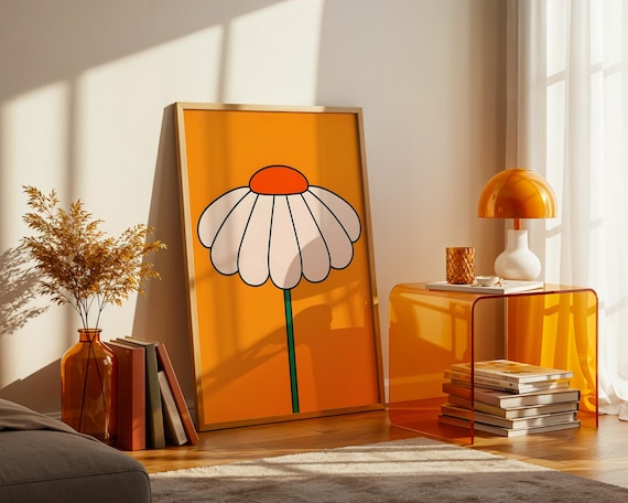 Retro Daisy 70s Groovy Orange Flower Power Floral Wall Poster
