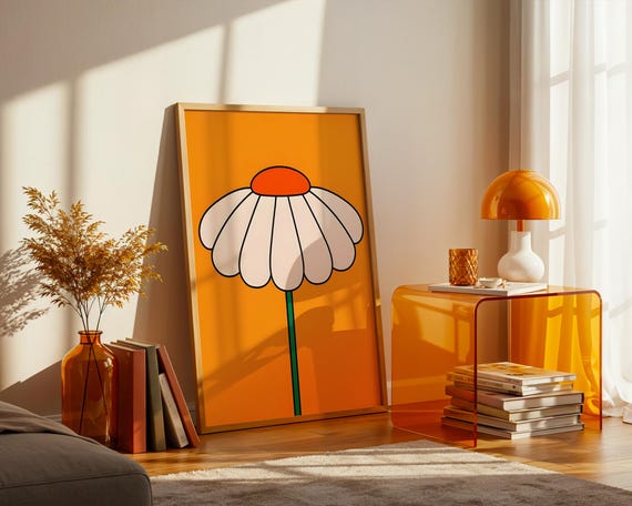 Retro Daisy Art Print 70s Groovy Flower Power Poster Minimalist Orange Floral Wall Bold Botanical Illustration