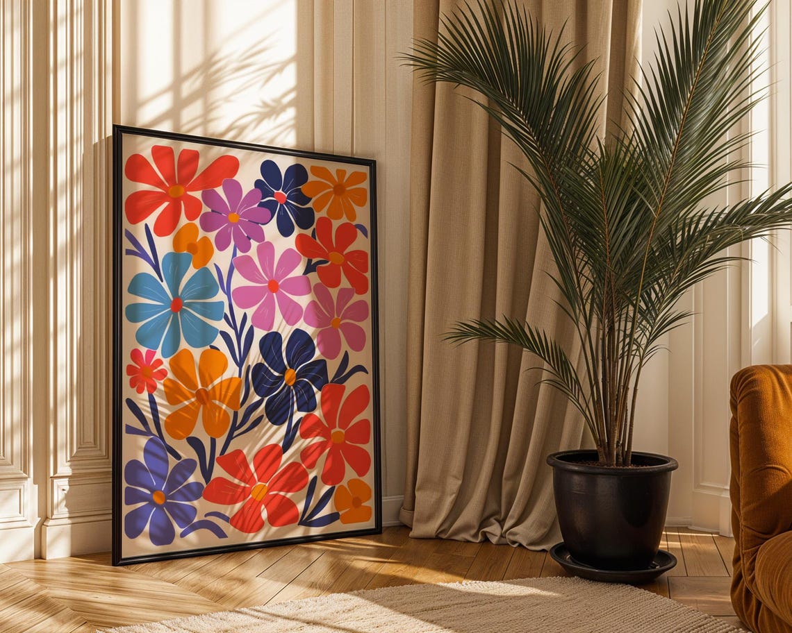 Retro Floral Pattern Design Bold Pop Color Flowers Mid Century Poster
