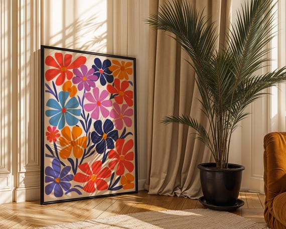 Retro Wildflower Art Print Colorful 70s Floral Poster Mid Century Modern Botanical Wall Decor Vibrant Dopamine Gift Idea