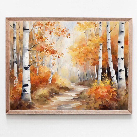 Autumn Birch Forest Path Golden Leaves Watercolor Fall Scene Poster