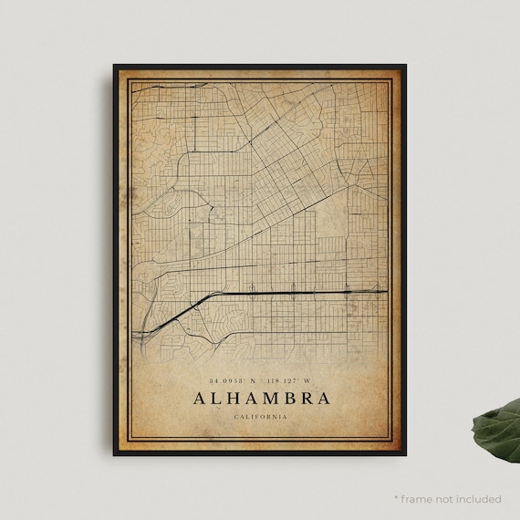 Alhambra California Vintage City Map Sepia Style Wall Poster