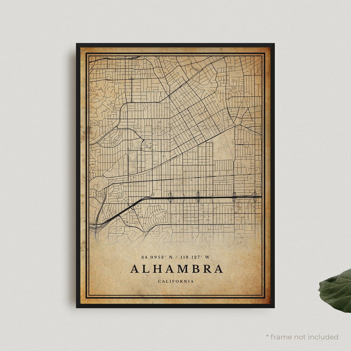 Alhambra California Vintage City Map Sepia Style Wall Poster