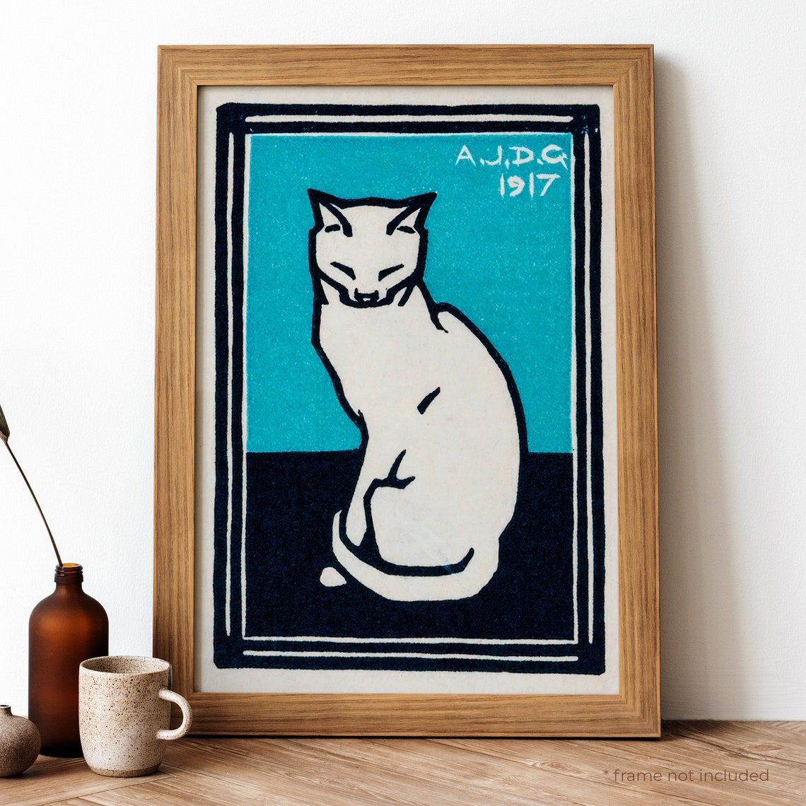 Sitting Cat 1917 Woodcut by Julie de Graag Vintage Art Poster
