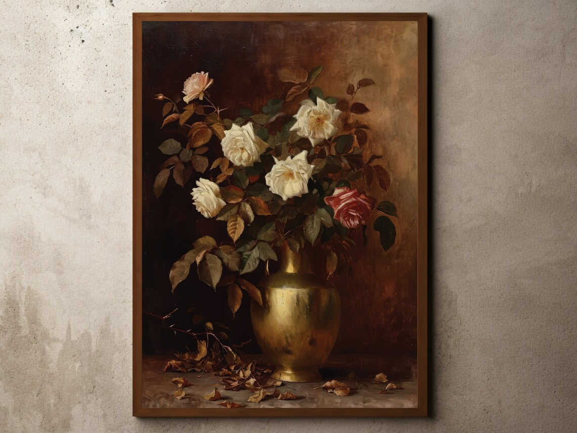 Vintage White Roses Gold Vase Floral Still Life Antique Art Poster