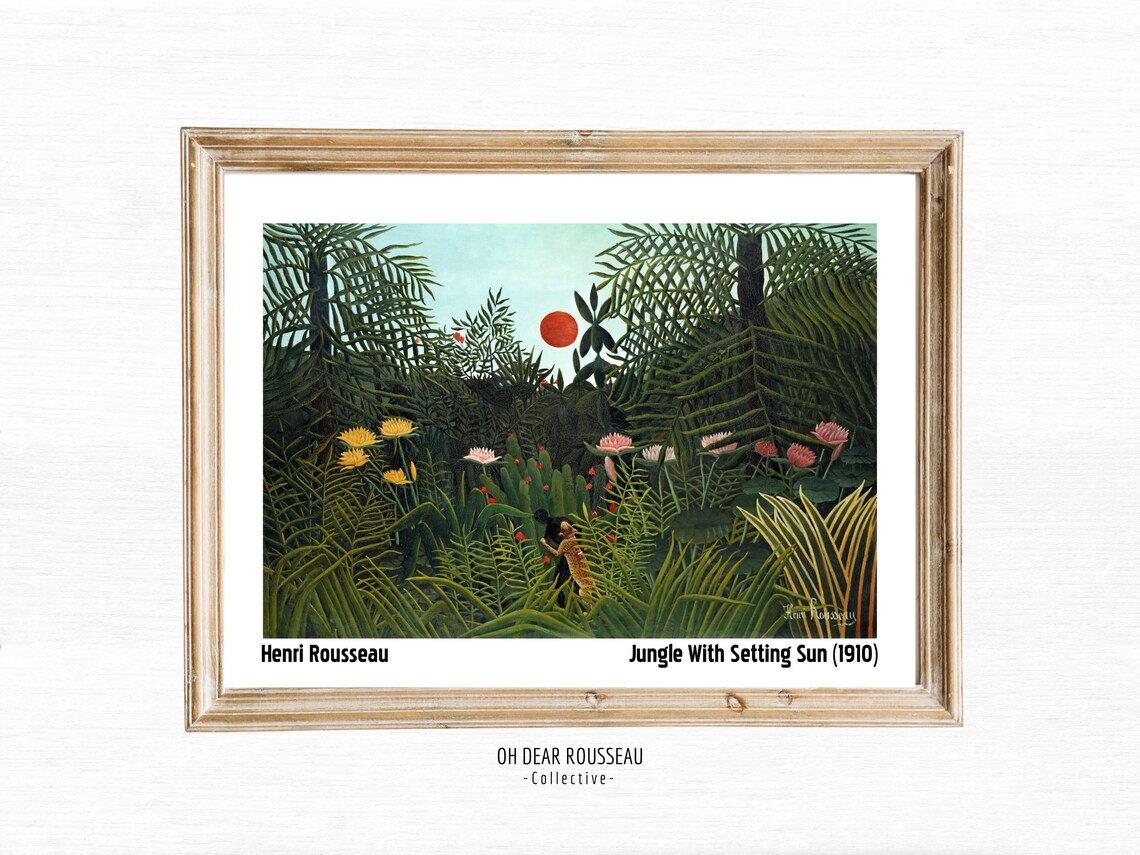 Henri Rousseau Print Poster Tropical Decor Botanical Jungle With Setting Sun Vintage Wall Art