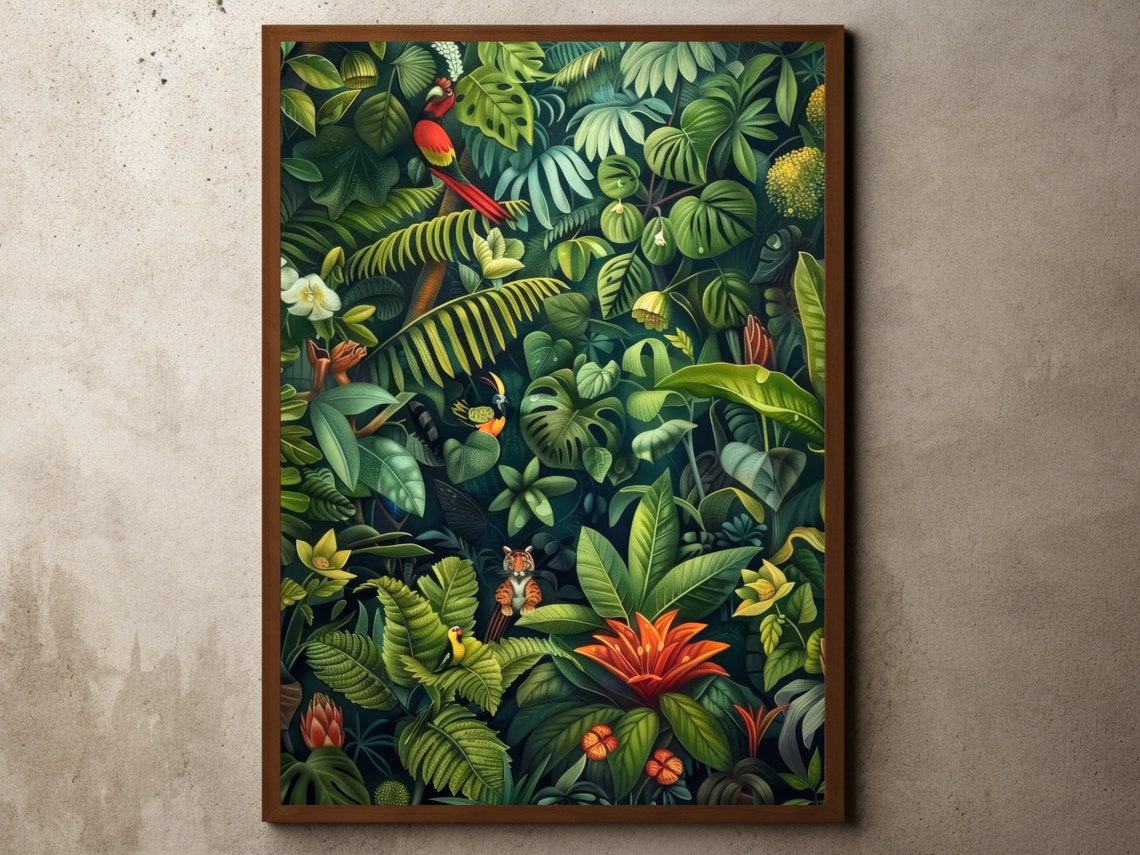Lush Dense Jungle With Parrots And Tiger Rousseau Style Art Poster
