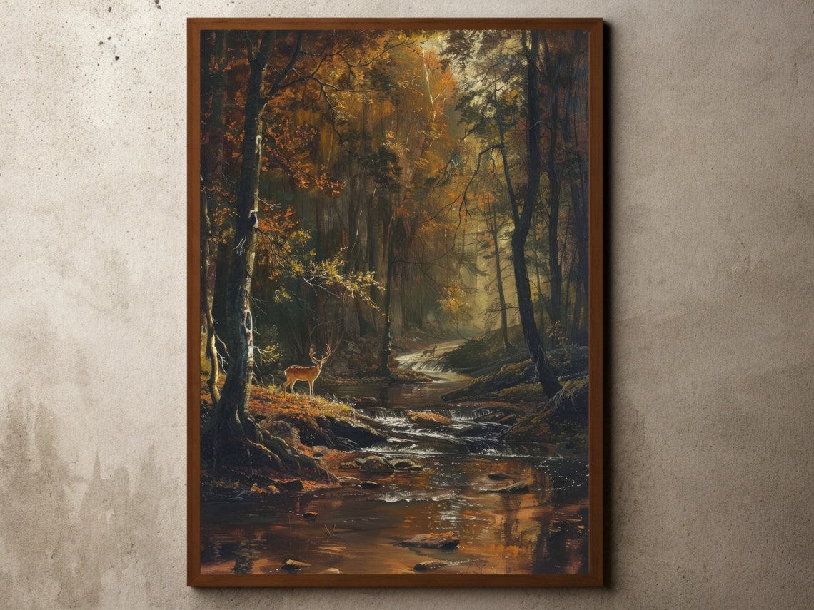 Autumn Forest Waterfall with Deer Vintage Landscape Oil Print