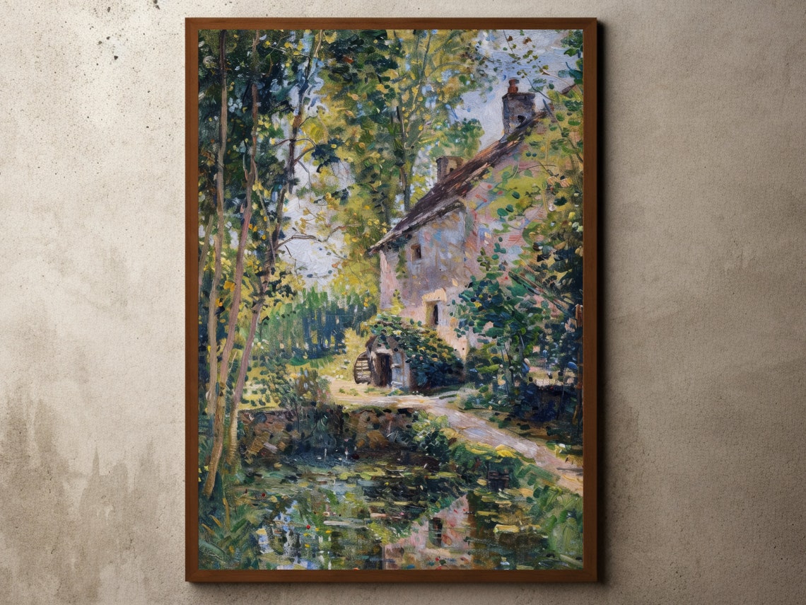 Sunlit Country Cottage by the Pond Impressionist Oil Art Print