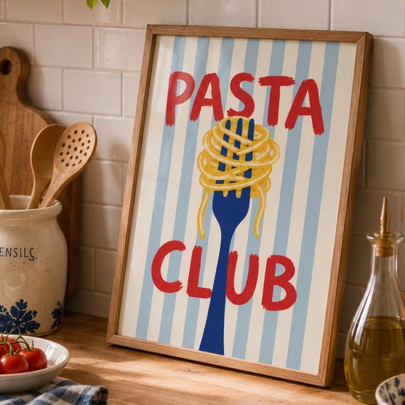 Pasta Club Kitchen Wall Art Italian Food Poster Print Retro Decor Modern Mediterranean Lover Gift