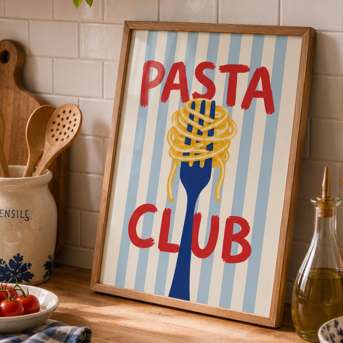 Pasta Club Poster Retro Italian Kitchen Spaghetti Fork Wall Decor