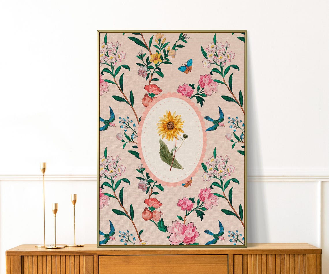 Vintage Sunflower Cameo Chinoiserie Floral Botanical Wall Art Print - Image 2