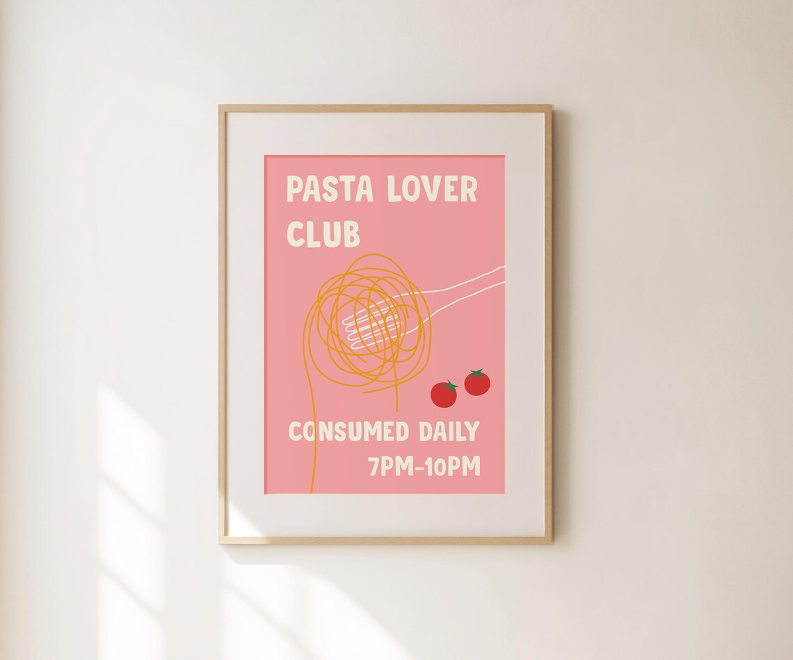 Pasta Lover Club Retro Vintage Kitchen Pink Foodie Humor Wall Art - Image 4