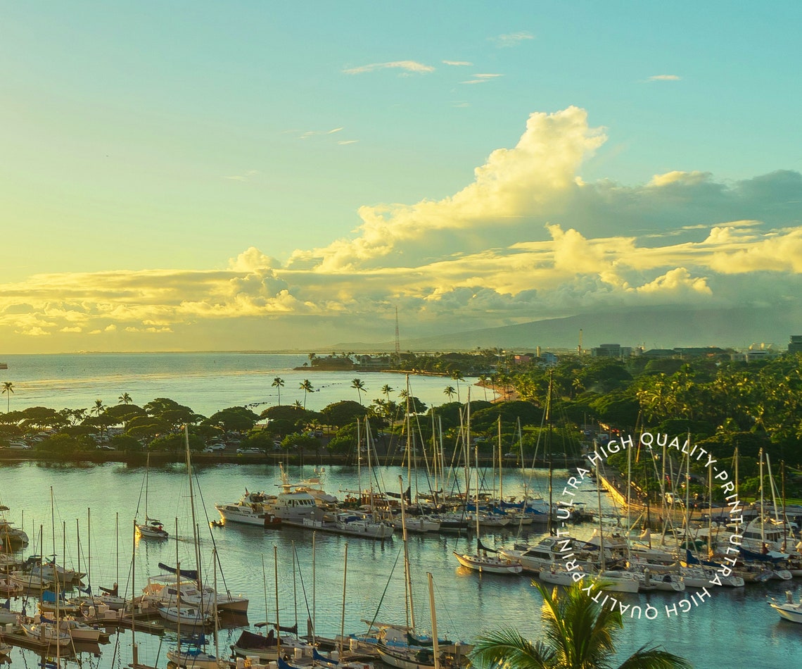 Honolulu Hawaii Marina Sunset Boats Palm Harbor Island Travel Poster - Image 5