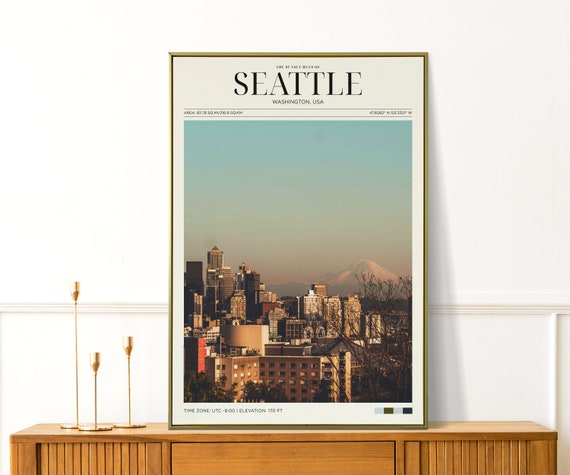 Travel Poster Seattle Poster Washington Wall Art For Living Room Vintage Posters In Seattle Sunset Print Cities Blue Office Wall Art