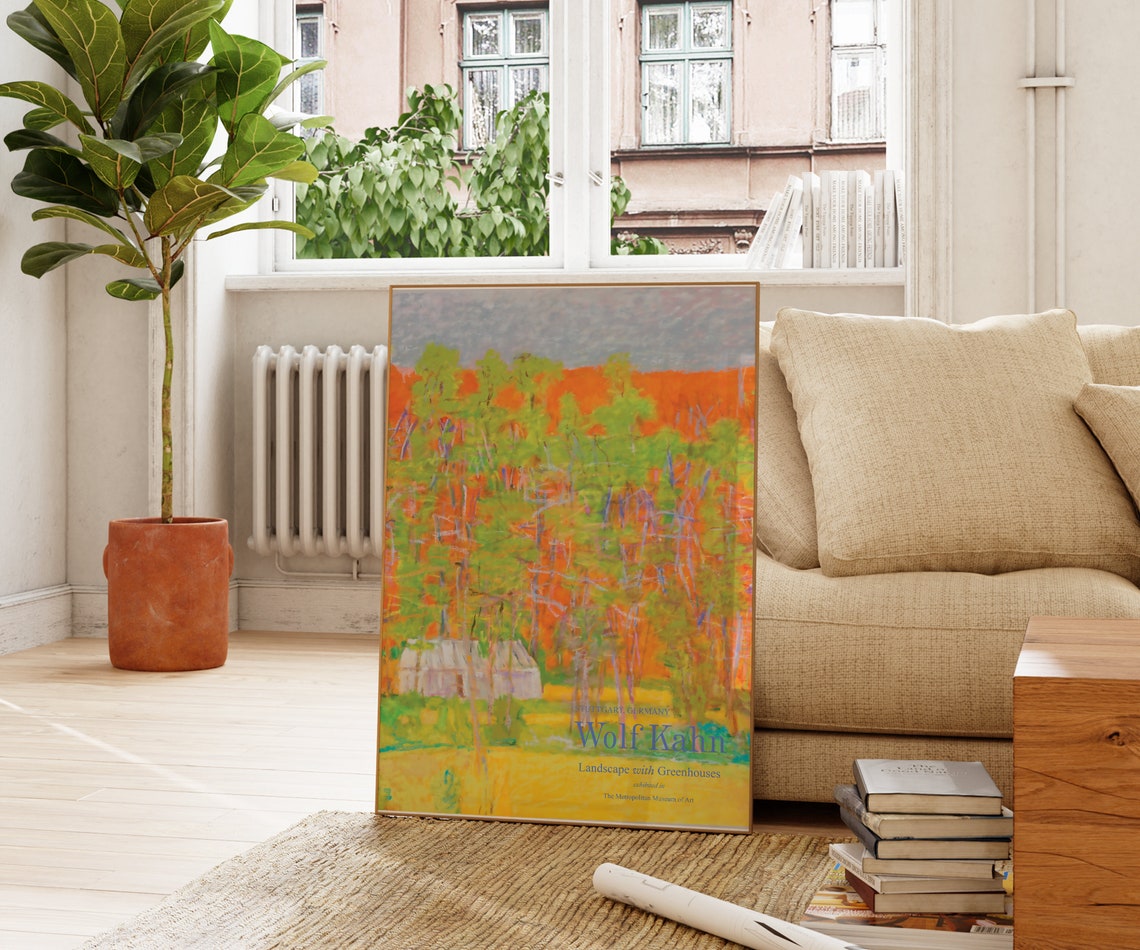 Wolf Kahn Landscape with Greenhouses Orange Sky Trees Art Print - Image 3
