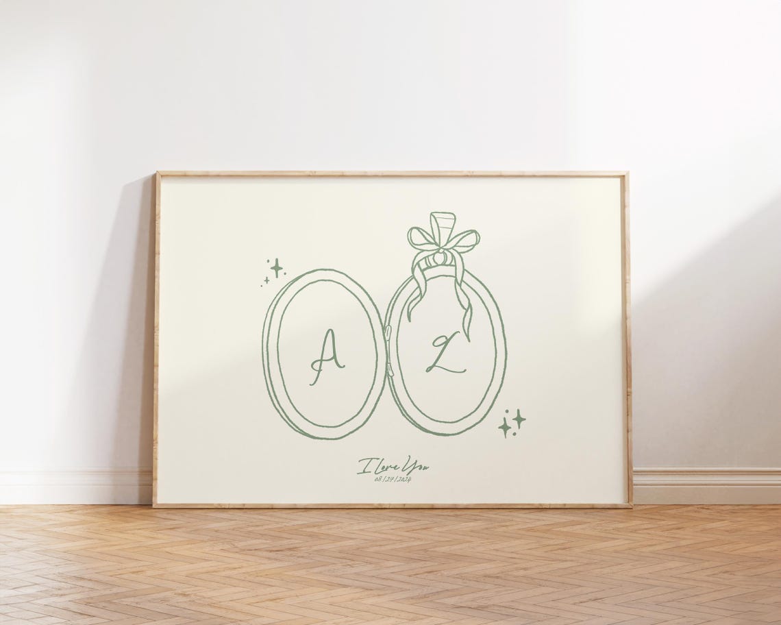 Custom Couple Initials Locket Line Art Personalized Anniversary Poster - Image 2