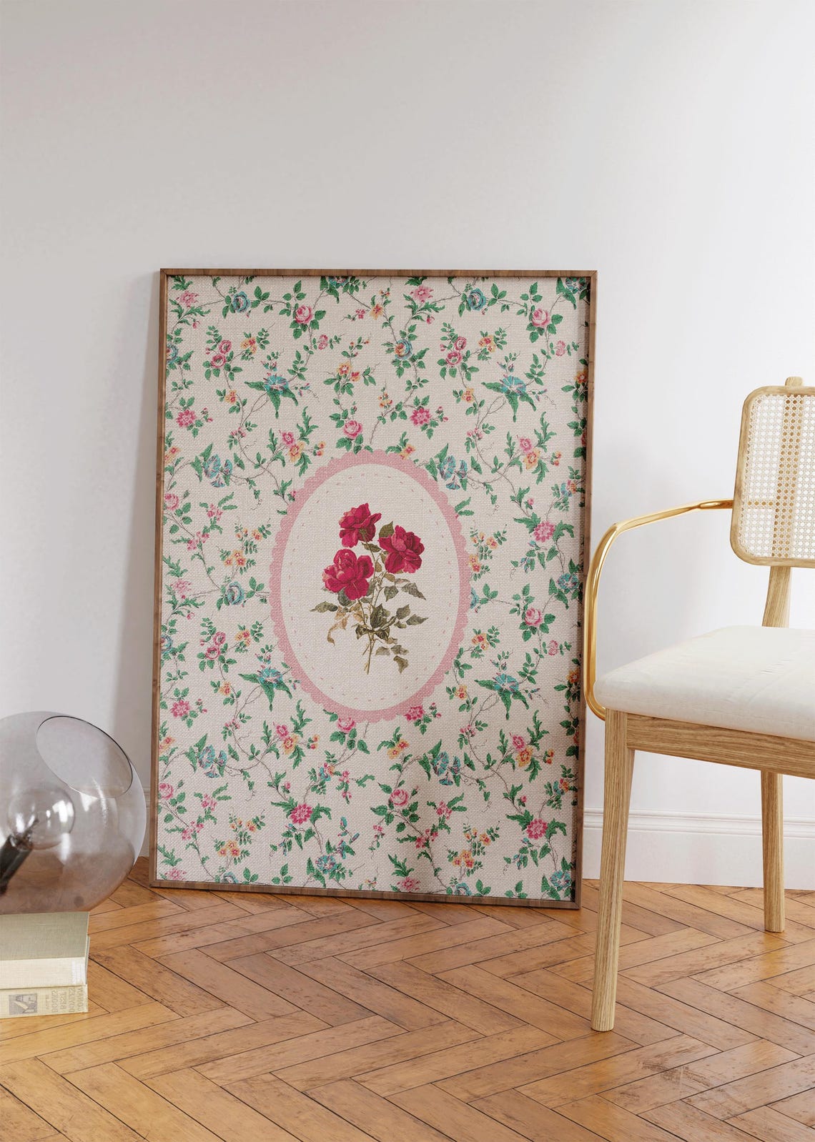 Vintage Red Roses Cameo Floral Chintz Pattern Coquette Wall Art Print - Image 3