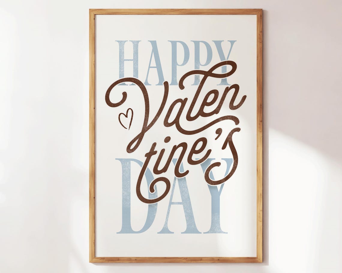 Happy Valentines Day Script Lettering Blue Brown Retro Wall Art Poster - Image 3