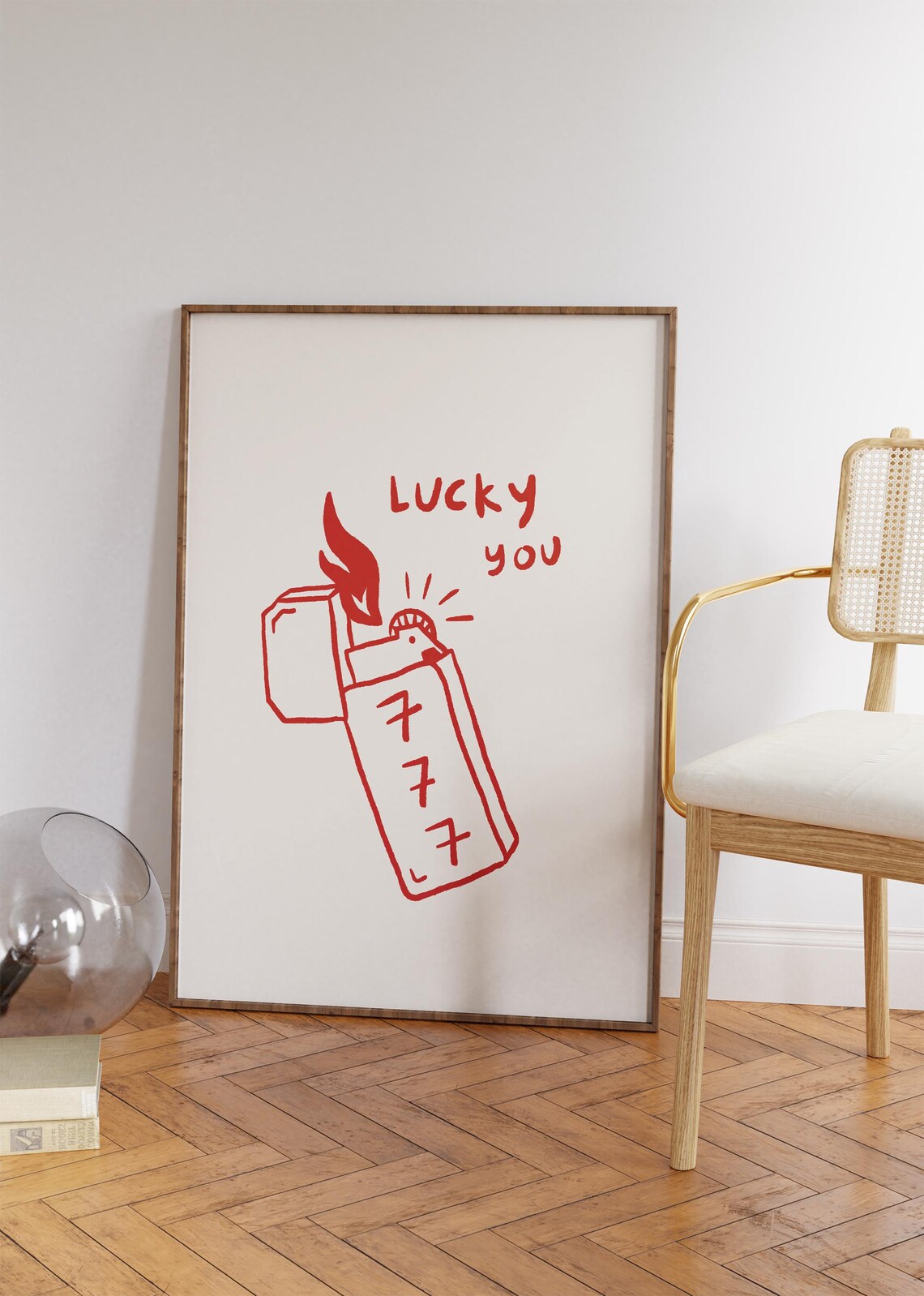 Lucky You 777 Angel Number Lighter Doodle Red Wall Art Print Poster - Image 3