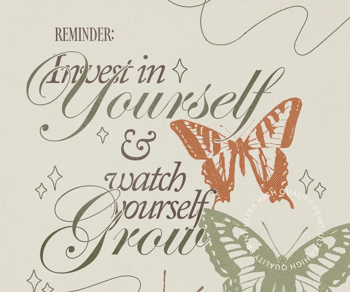 Invest In Yourself And Watch Yourself Grow Girly Apartment Decor Retro Cute Self Love Print Preppy Floral Butterflies Print Positive Art - Image 5