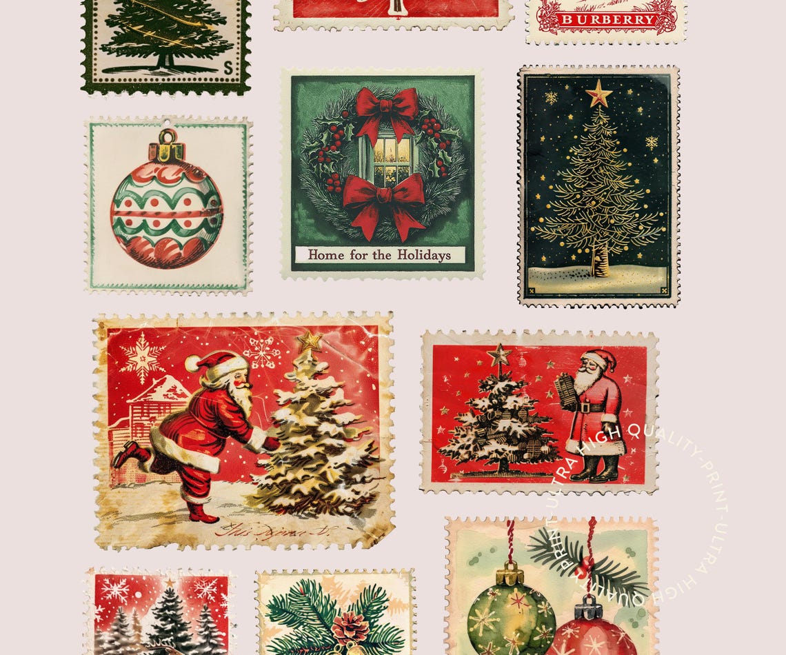 Vintage Christmas Postage Stamp Collage Santa Tree Holiday Poster - Image 5