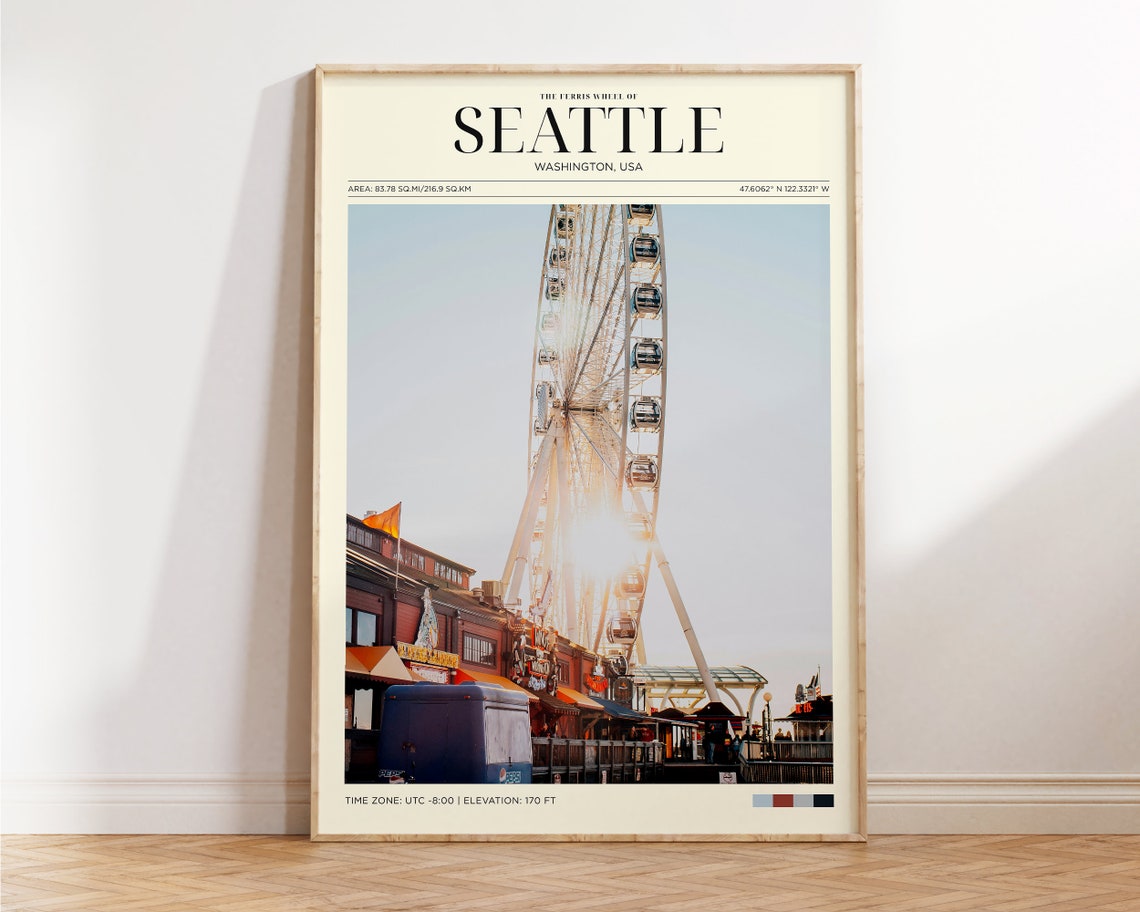 Seattle Great Wheel Ferris Wheel Waterfront Sunset View Travel Poster