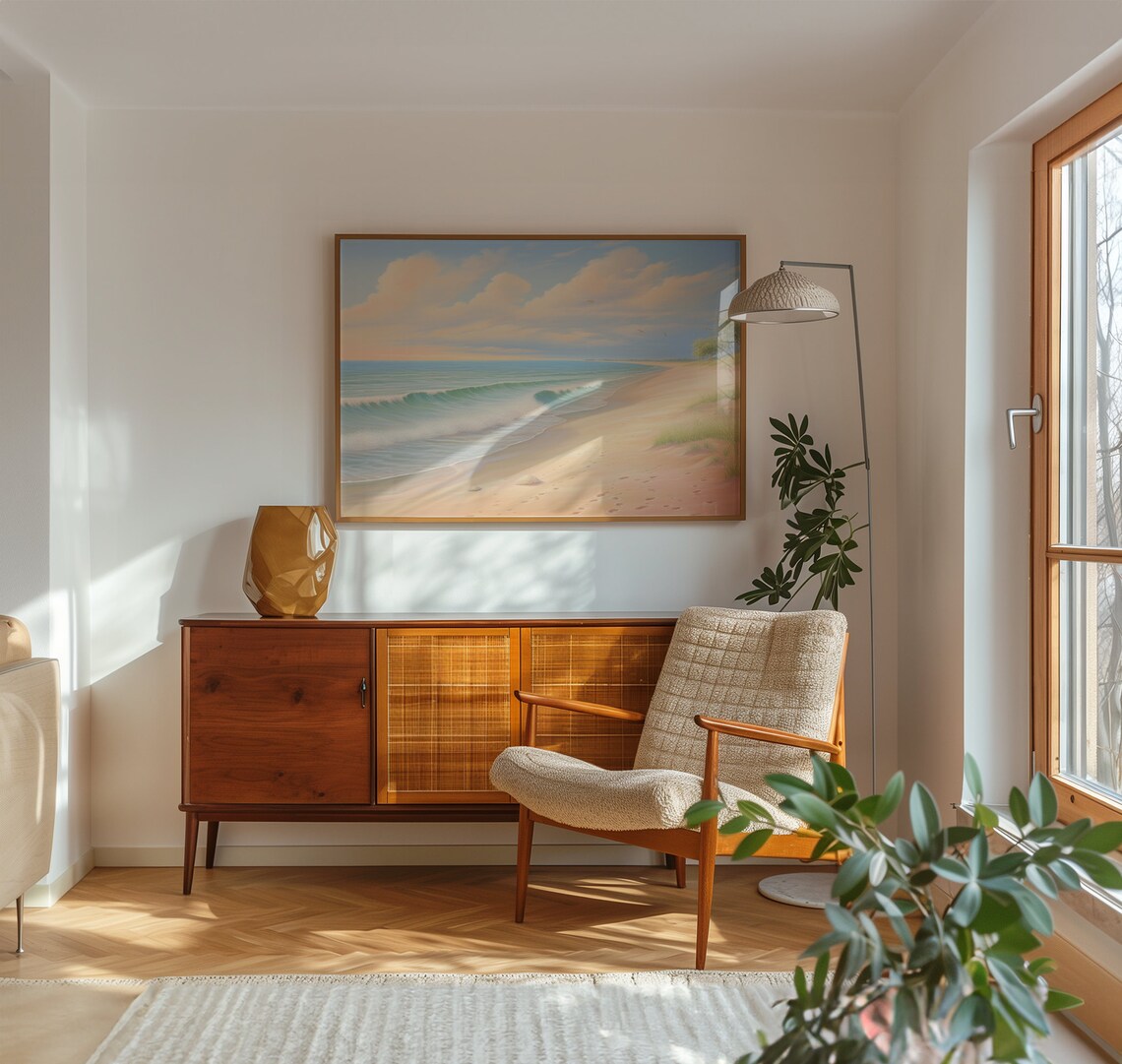 Pastel Beach Waves Sandy Shore Soft Coastal Landscape Calm Wall Art Print - Image 2