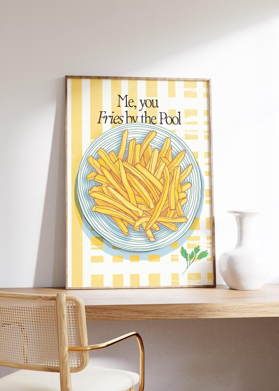 Fries By The Pool Yellow Kitchen Food Illustration Retro Wall Poster