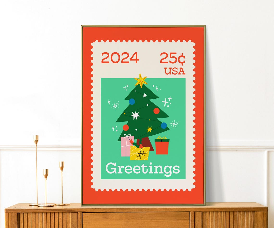 2024 Christmas Tree Postage Stamp Greetings Retro Holiday Poster - Image 3