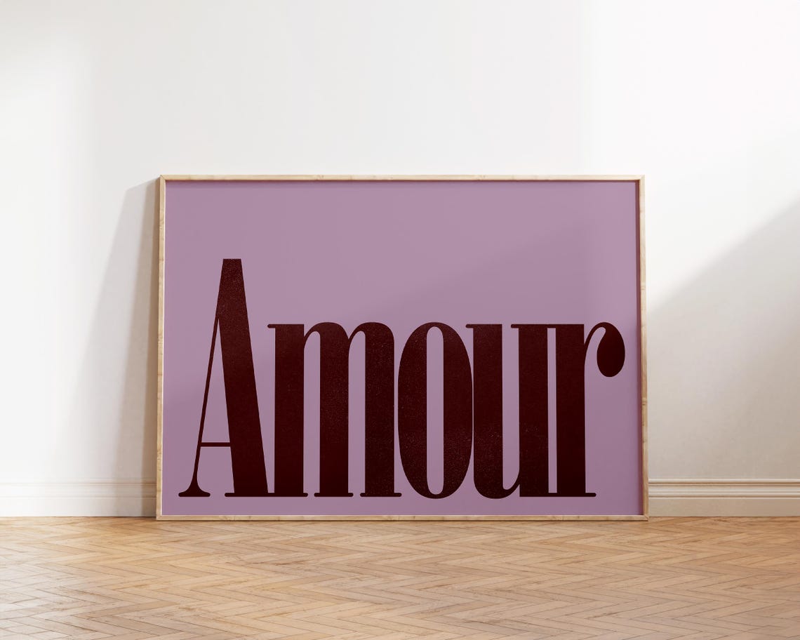 Amour Bold Brown Serif Lavender French Romantic Typography Poster