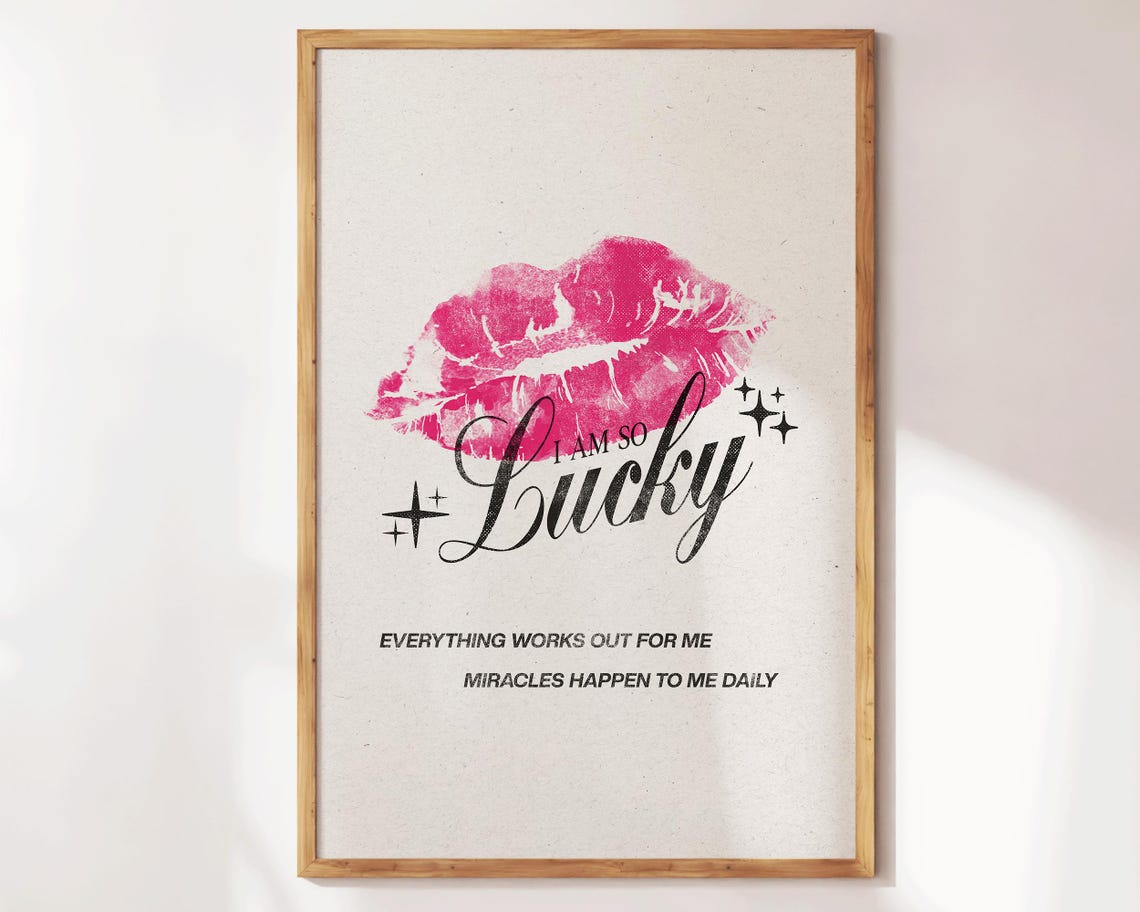 I Am So Lucky Lipstick Kiss Script Pink Vintage Girly Wall Art Print - Image 2