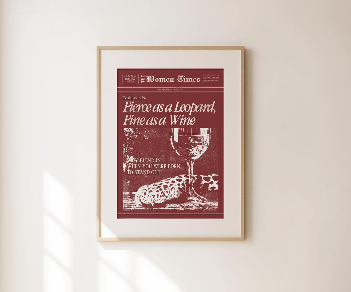Fierce As A Leopard Fine As A Wine Red Newspaper Quote Wall Print - Image 4
