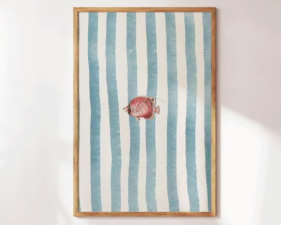 Lone Fish Retro Illustration Blue Striped Coastal Kitchen Wall Print
