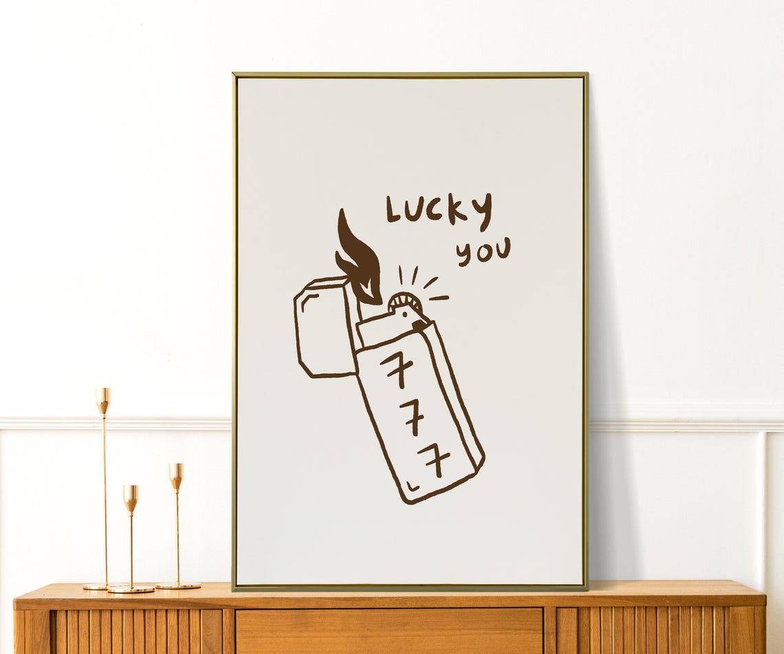 Lucky You 777 Angel Number Lighter Doodle Brown Wall Art Print Poster - Image 2