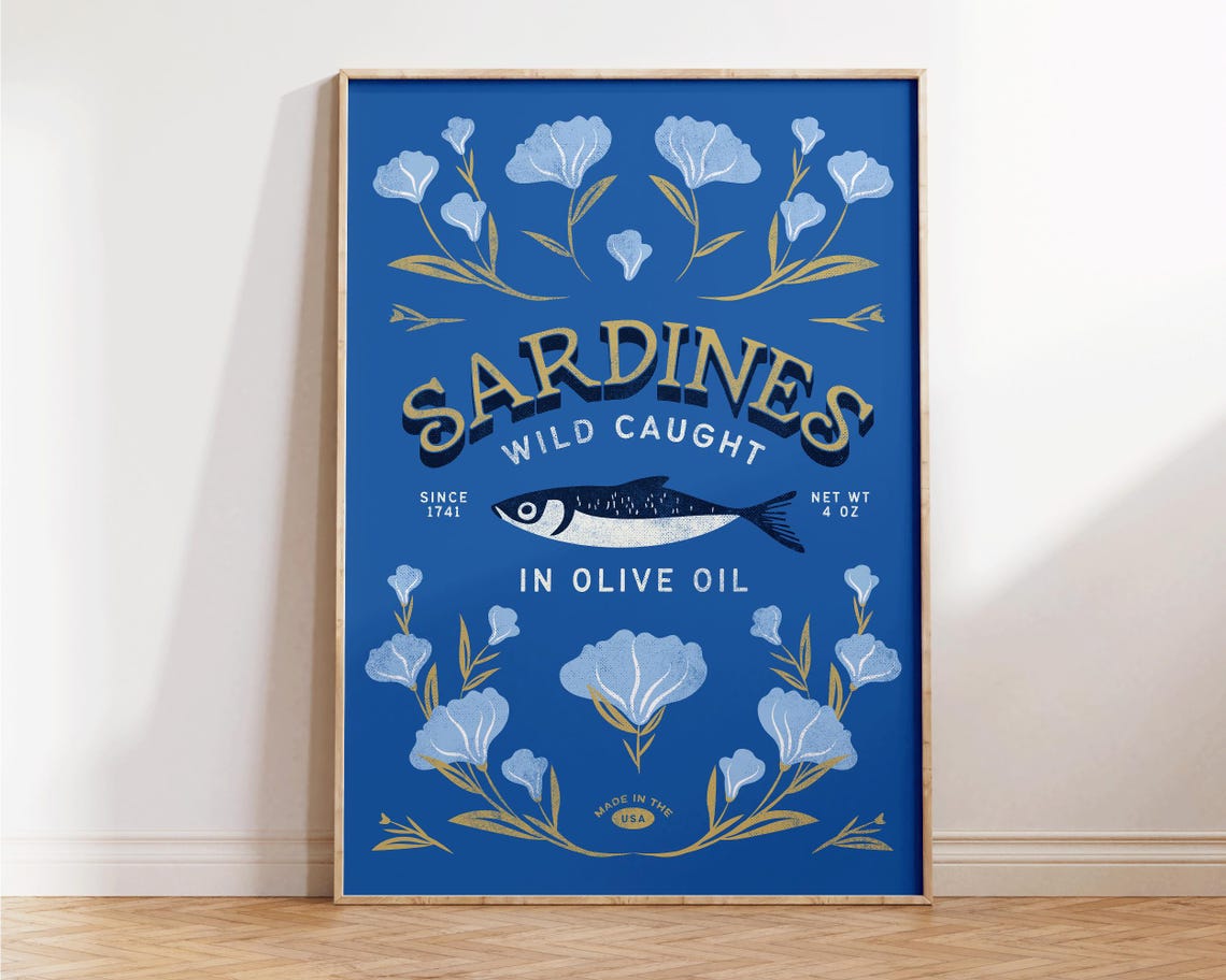 Sardines Wild Caught Olive Oil Blue Sardine Tin Floral Kitchen Poster - Image 3