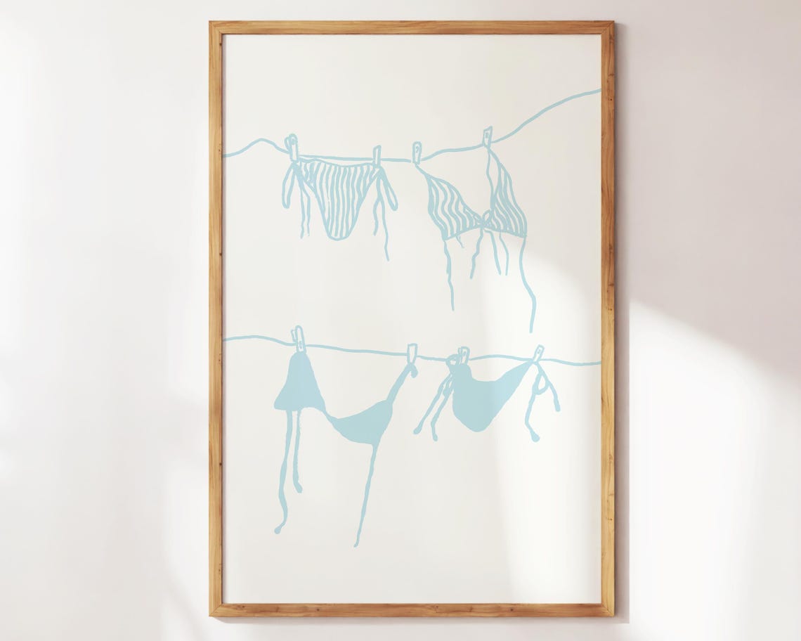 Bikini Clothesline Illustration Dusty Blue Coastal Summer Beach Poster - Image 2