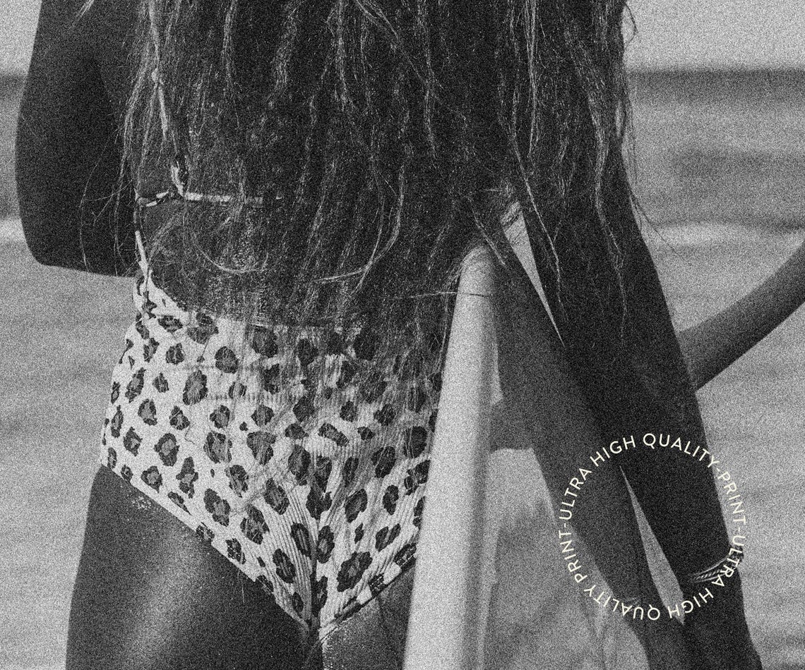 Leopard Swimsuit Surfer Girl Black White Beach Photography Print - Image 5