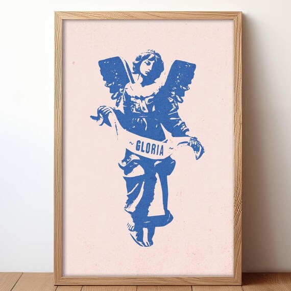 Blue Gloria Angel Vintage Screenprint Catholic Christmas Poster