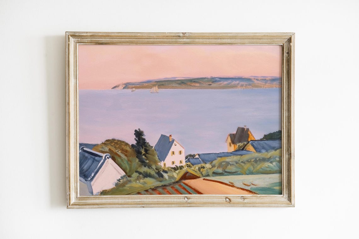 Coastal Village Bay at Sunset Pink Sky Seaside Town Art Poster