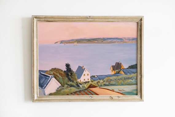 Coastal Village Bay at Sunset Pink Sky Seaside Town Art Poster